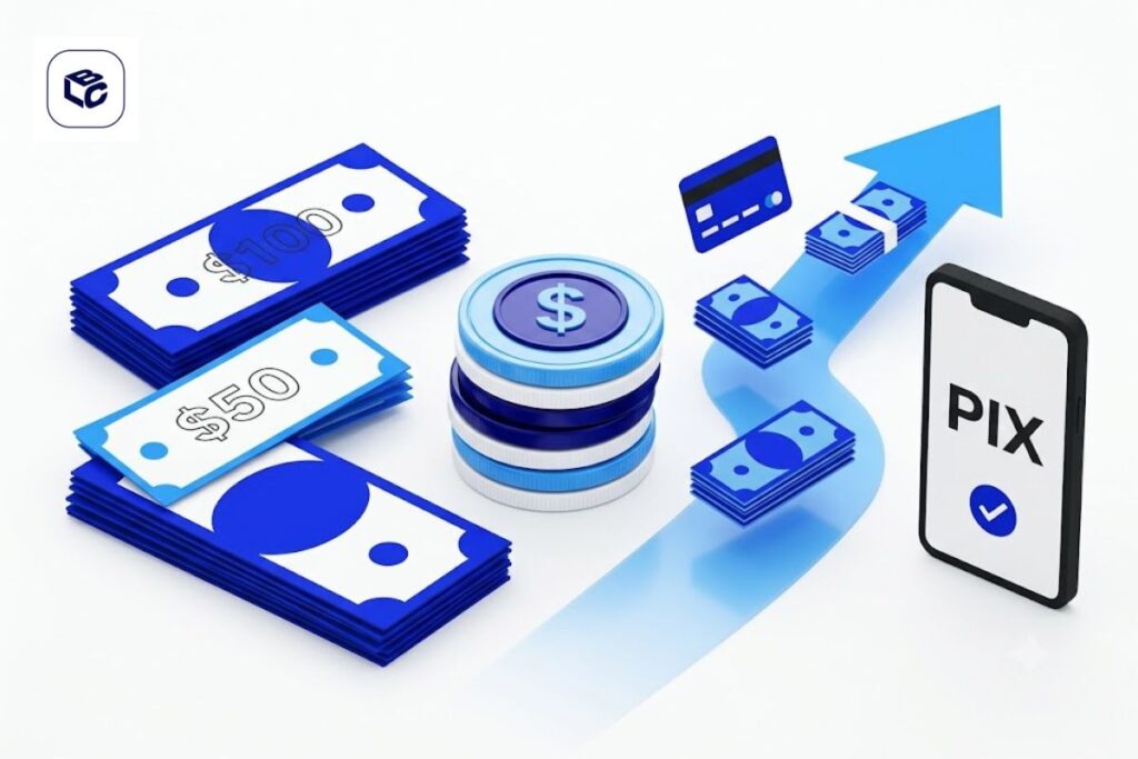 Ilustração 3D representando antecipação de crédito com pilhas de dinheiro, moedas, cartão bancário, seta de crescimento e smartphone com PIX, simbolizando pagamento rápido de precatórios e RPVs via transferência instantânea.