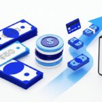 Ilustração 3D representando antecipação de crédito com pilhas de dinheiro, moedas, cartão bancário, seta de crescimento e smartphone com PIX, simbolizando pagamento rápido de precatórios e RPVs via transferência instantânea.