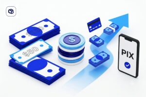 Ilustração 3D representando antecipação de crédito com pilhas de dinheiro, moedas, cartão bancário, seta de crescimento e smartphone com PIX, simbolizando pagamento rápido de precatórios e RPVs via transferência instantânea.