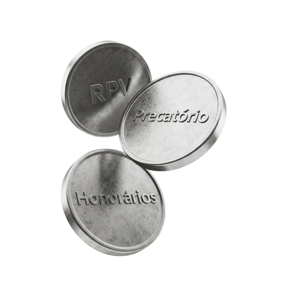 Moedas de RPV, Precatório e Honorários em metal prateado.